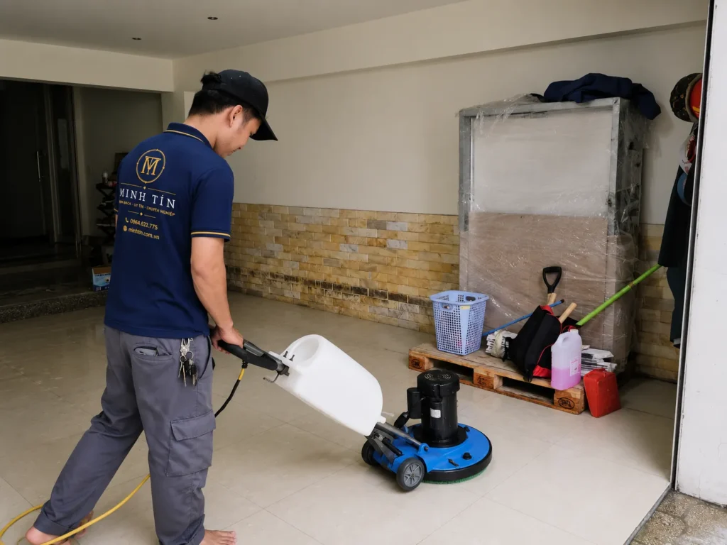 Nhân viên vệ sinh chà sàn tại Cần Thơ